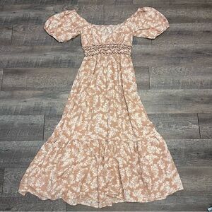 Free People Floral Puff Sleeve Ellie Maxi Dress in Cream and Tan